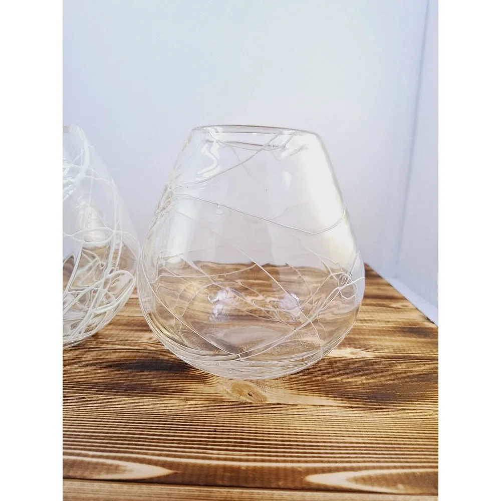 Set of 2 Lg Hand Blown Glass White Spaghetti Drizzle Votive Candle‎ Holder 6